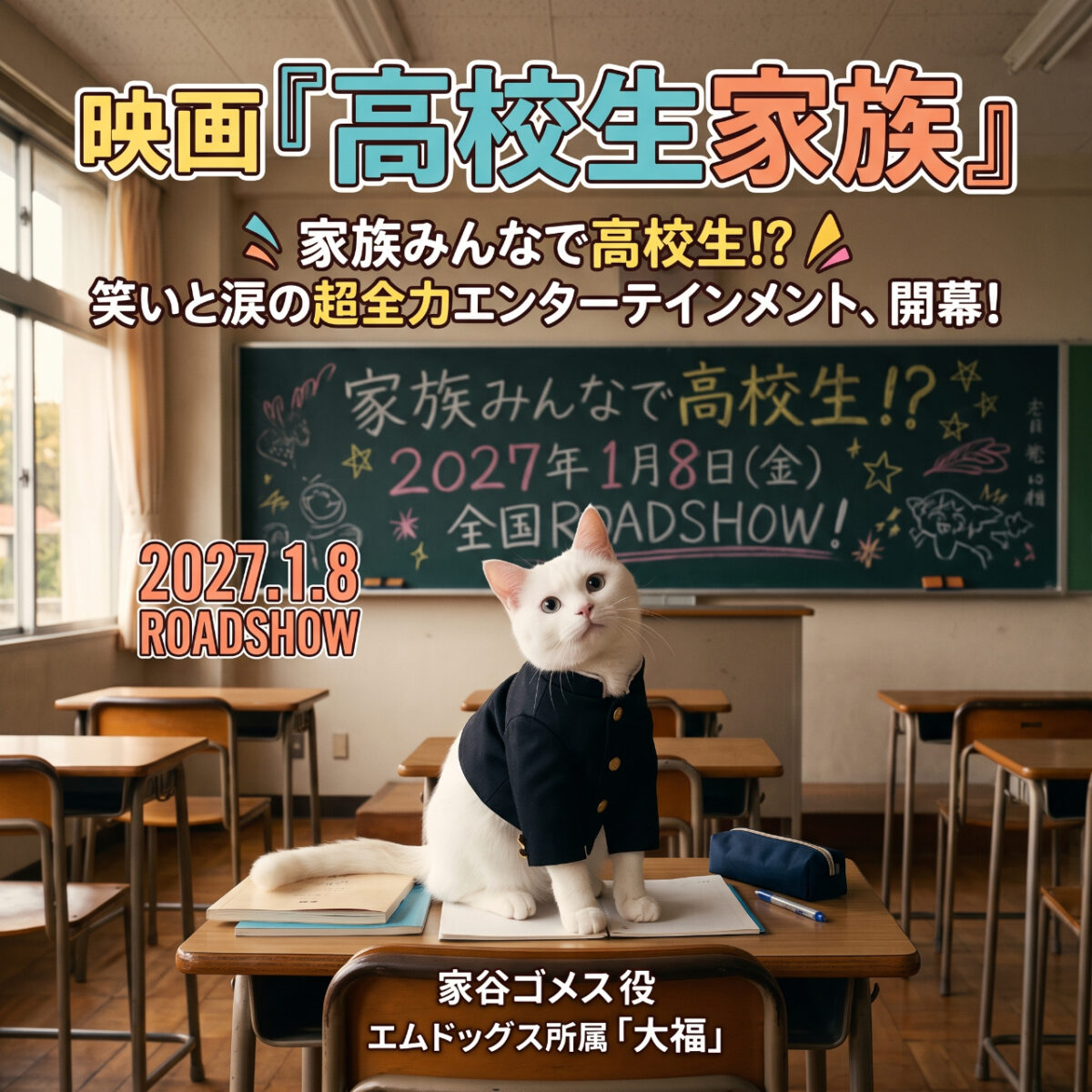 2027年1月8日公開全国劇場公開映画「高校生家族」ゴメス役でエムドッグス所属「大福」が出演