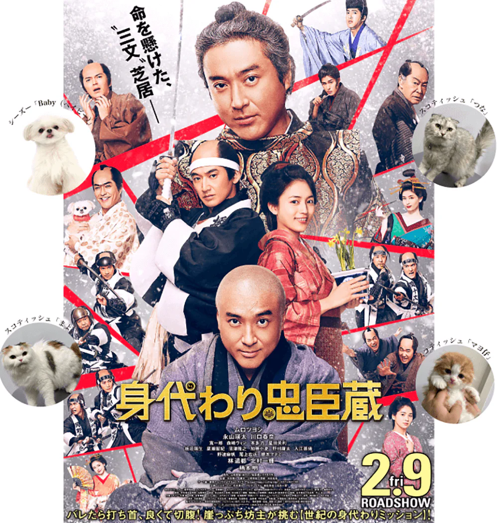 映画「身代わり忠臣蔵」に、ペットモデル「Baby(ベイビー)」「つな」「まよ」「まよ仔」が出演致しました。