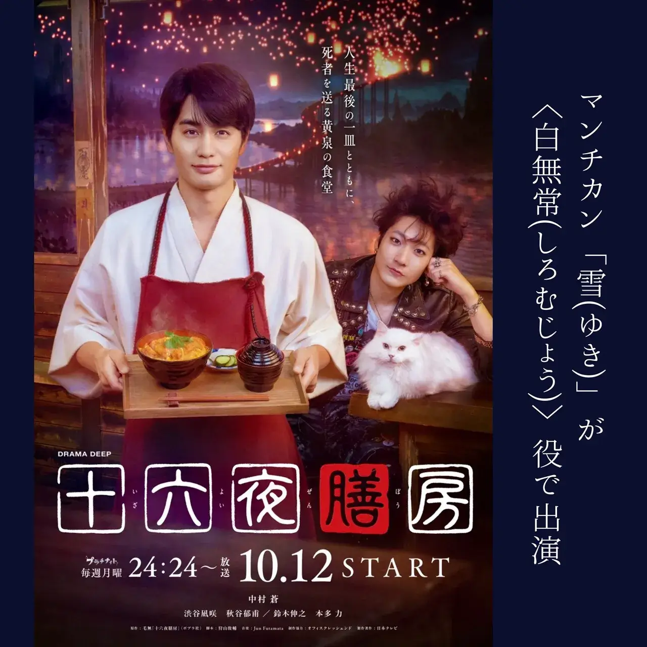 日本テレビ ドラマDEEP 十六夜膳房に白無常役で出演している動物プロダクション エムドッグス所属タレント猫「雪」